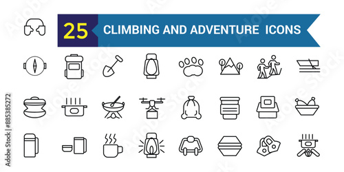 Climbing and adventure line icon set. Outline icon collection. Editable vector stroke.