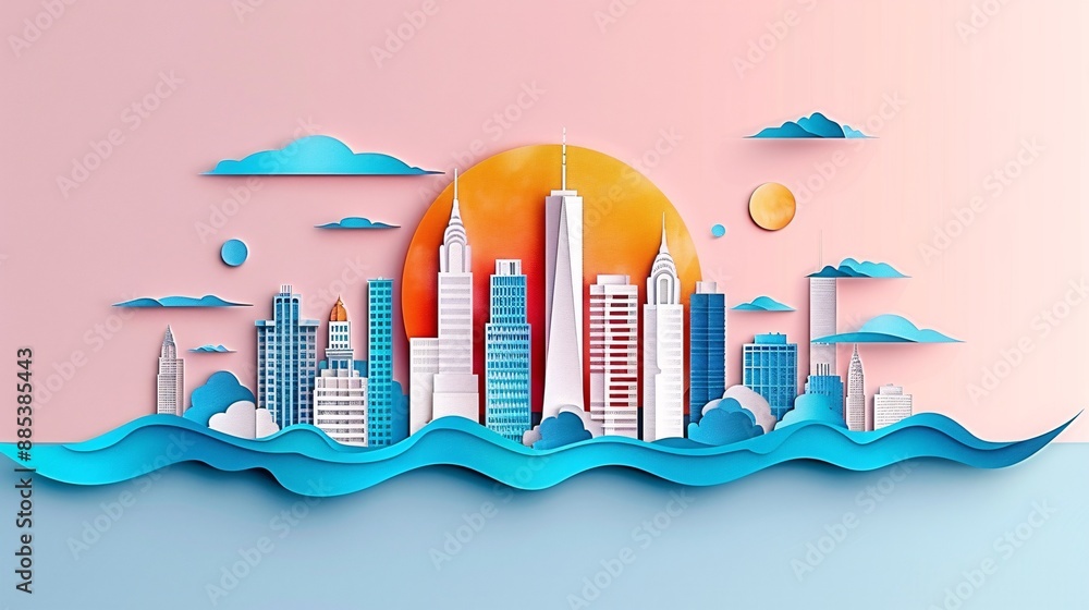 Scenic paper cut art of the New York City skyline with iconic buildings and a sunset backdrop emphasizing the city culture and attractions Stock Photo with copy space Scenic paper cut art of the New York City skyline with iconic buildings and a sunset backdrop emphasizing the city culture and attractions Stock Photo with copy space