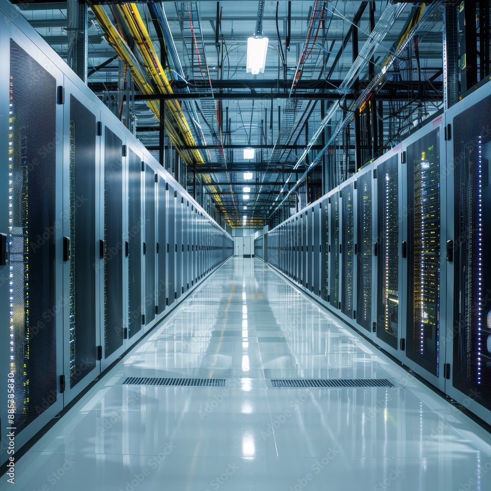 Fototapeta premium Modern Data Center with Green Technology, Energy-Efficient Servers, Organized Cable Systems, and Robust Security Measures