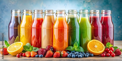 Colorful rainbow combination of assorted fruit juices in glass bottles, rainbow, combination, fruit juices