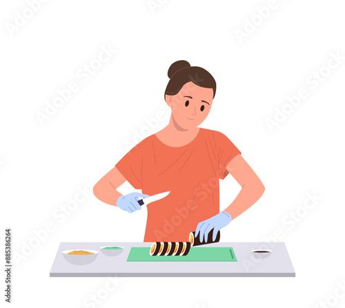 Young woman housewife cartoon character cooking sushi traditional asian food isolated on white