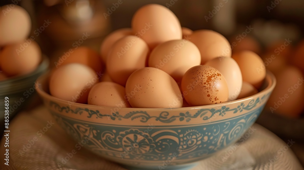 Close-Up of Fresh Brown Eggs in a Blue and White Bowl Close-Up of Fresh Brown Eggs in a Blue and White Bowl