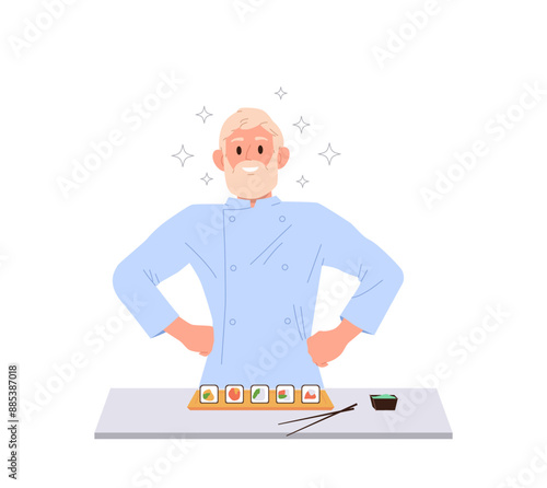 Professional chef cartoon character engaged in sushi preparation process presenting master class