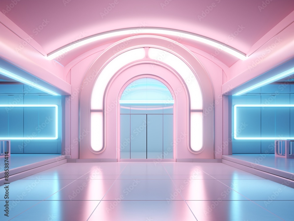 a pink and blue room with a glass door a pink and blue room with a glass door