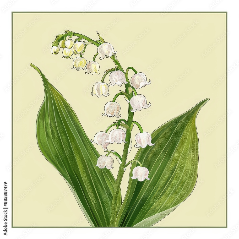 Obraz premium Children's book style whimsical Illustration with flat pastel colors, Contour drawing, outline all shapes, Create a beautiful picture of a Lily of the Valley (Convallaria majalis) flower with delicate