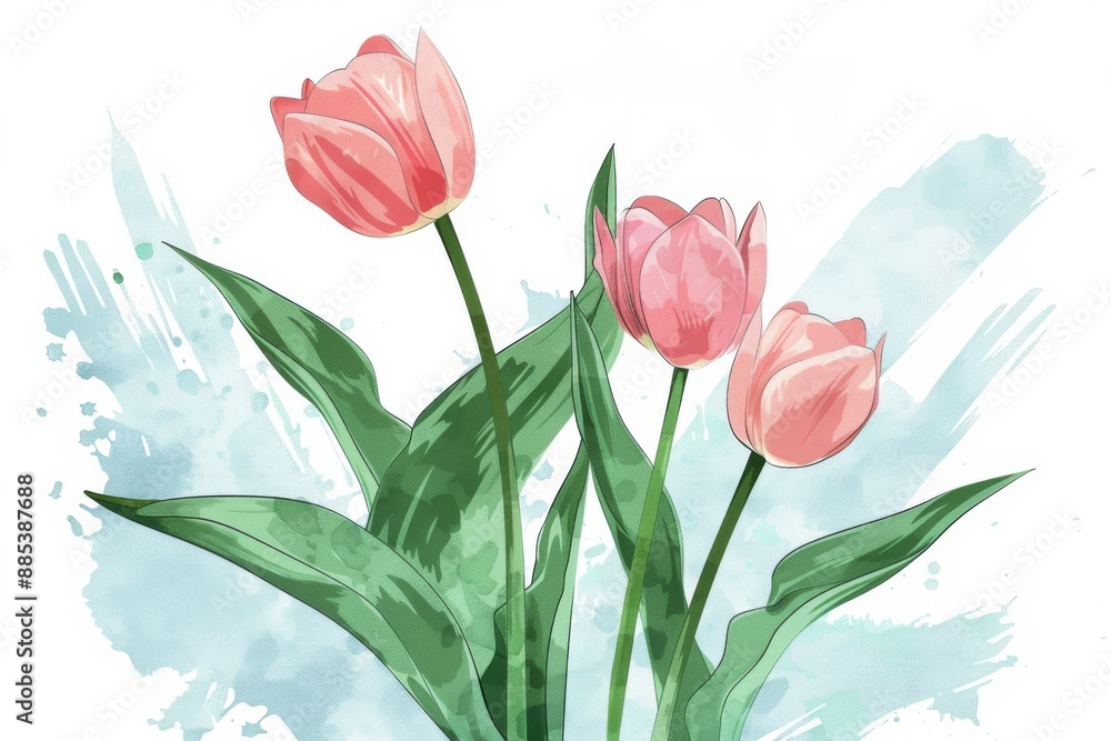 Children's book style whimsical Illustration with flat pastel colors, Contour drawing, outline all shapes, Create a beautiful picture of a Tulip (Tulipa) with elegant pink flowers and lush green leave Children's book style whimsical Illustration with flat pastel colors, Contour drawing, outline all shapes, Create a beautiful picture of a Tulip (Tulipa) with elegant pink flowers and lush green leave