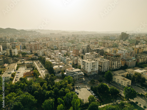 Sunset over Tirana Albania, aerial city panoramic view