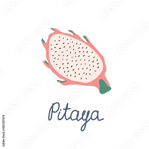 Colorful poster, hand drawn vector illustration of pitaya fruit with lettering Pitaya. Handwritten calligraphy design.