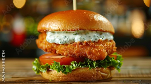 A crispy fish sandwich with lettuce, tomato, and tartar sauce on a brioche bun photo