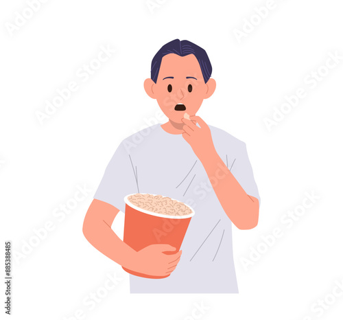 Young man cinema film spectator cartoon character feeling scared and shock eating popcorn snack