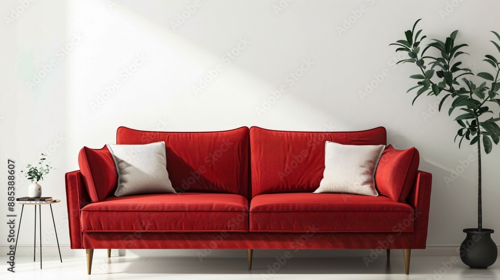 A simple, elegant sofa in a bold red hue, set against a white backdrop with minimal decor A simple, elegant sofa in a bold red hue, set against a white backdrop with minimal decor