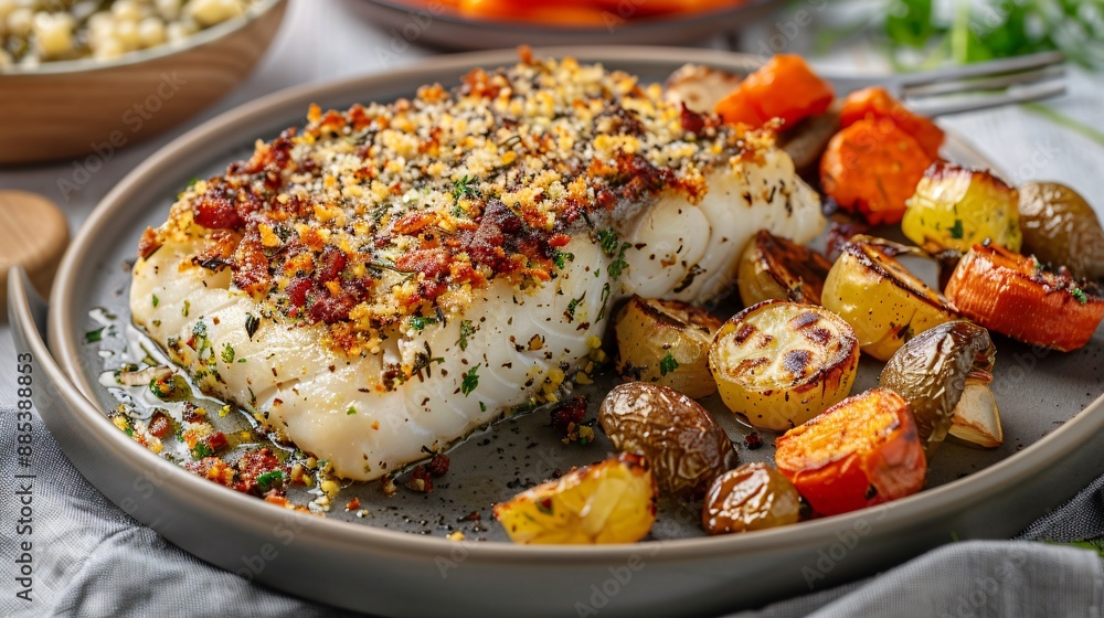 Baked cod fillet with a garlic and herb crust, served with roasted vegetables Baked cod fillet with a garlic and herb crust, served with roasted vegetables