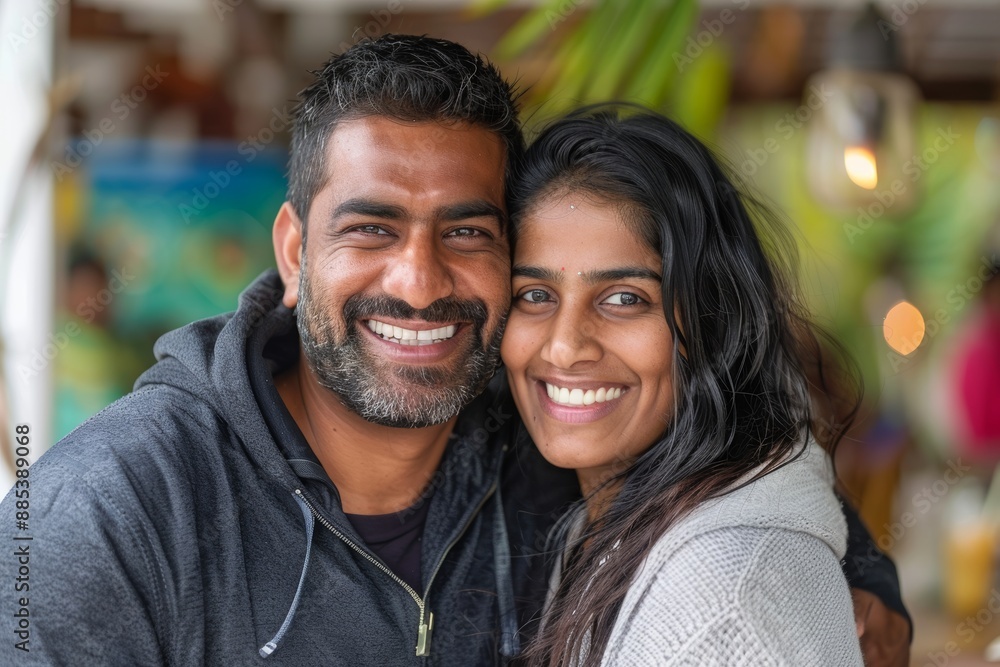 Portrait of a grinning indian couple in their 30s wearing a zip-up fleece hoodie over tropical beach bar background Portrait of a grinning indian couple in their 30s wearing a zip-up fleece hoodie over tropical beach bar background