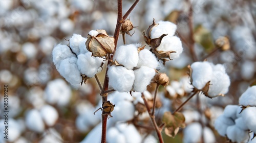 Detailed view of cotton bolls on the plant, showing the texture and softness