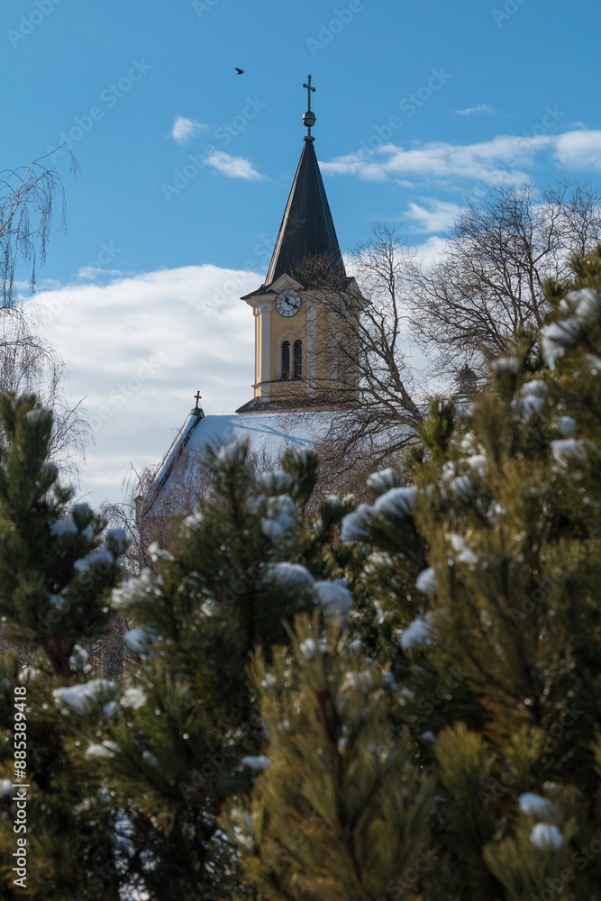 Snow-covered trees and a church. Snow-covered trees and a church.
