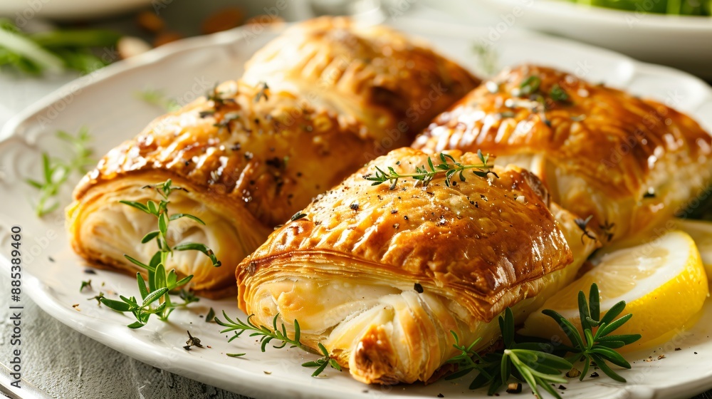 Fish fillets wrapped in puff pastry and baked until golden Fish fillets wrapped in puff pastry and baked until golden