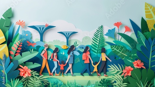 Detailed paper cut art of Gardens by the Bay with the Supertree Grove and visitors exploring the lush gardens symbolizing the city green spaces Stock Photo with copy space