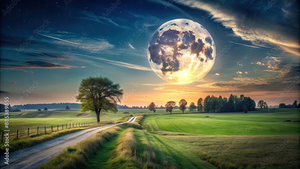 Landscape with a full moon hanging over a serene countryside , moon, stars, night sky, peaceful, tranquil, rural Landscape with a full moon hanging over a serene countryside , moon, stars, night sky, peaceful, tranquil, rural