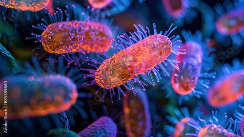 Fototapeta kuchenna Fluorescently labeled bacteria viewed under a fluorescence microscope, highlighting specific proteins or structures within the cells