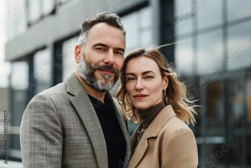 Portrait of a content caucasian couple in their 30s dressed in a stylish blazer while standing against modern cityscape background