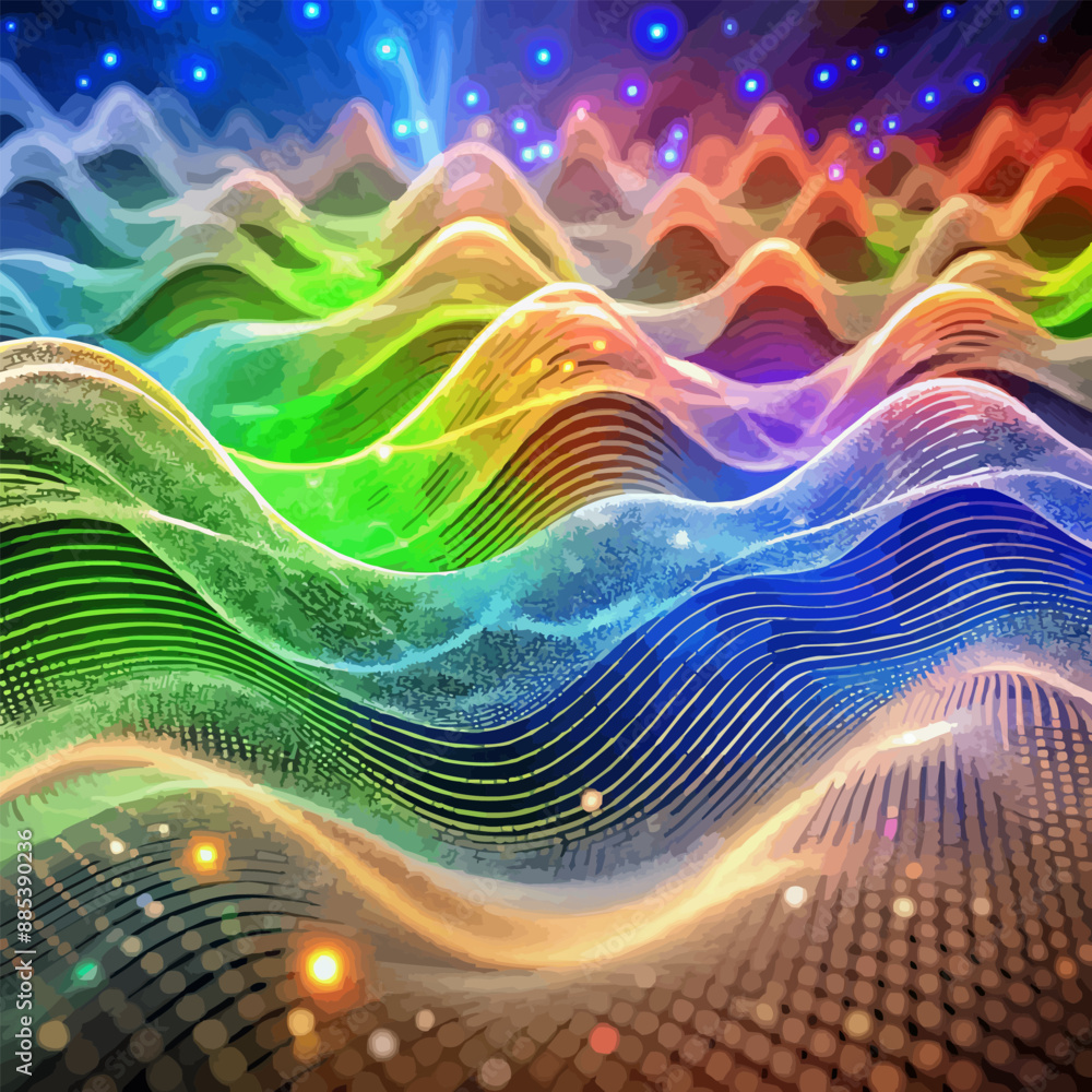 Fototapeta premium Abstract waves with pulsating particles, futuristic motion background design, vector elements