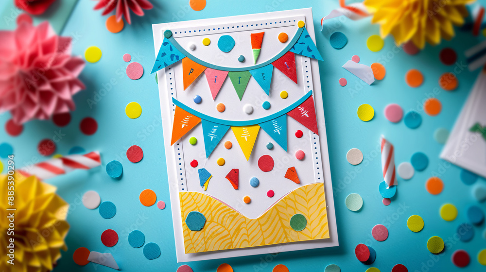 Fototapeta premium Bright and fun birthday card with colorful balloons and a festive pattern