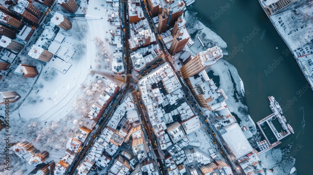 Fototapeta premium Overhead perspective of a city in winter