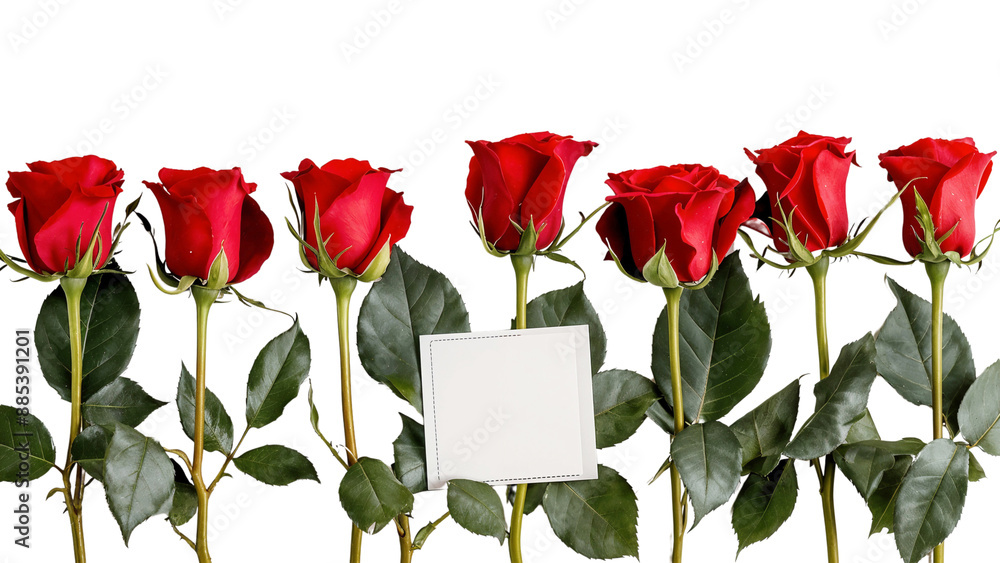 Obraz premium Red roses with a blank white card, isolated on transparent background