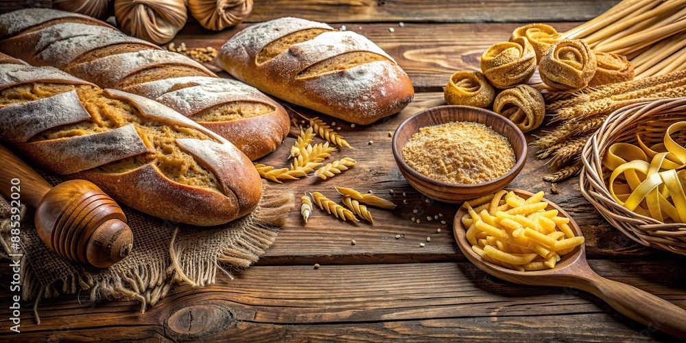 Rustic culinary tableau of freshly baked bread and golden pasta, food, bread, pasta, rustic, culinary, tableau Rustic culinary tableau of freshly baked bread and golden pasta, food, bread, pasta, rustic, culinary, tableau