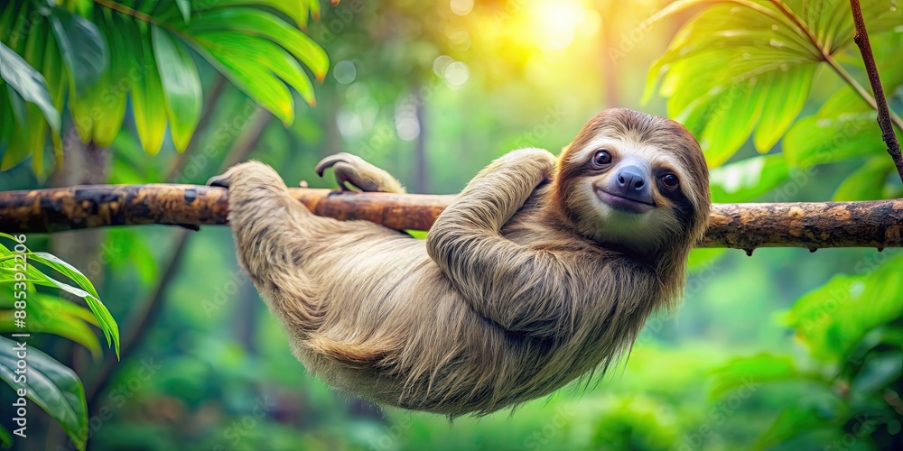 Sloth clinging lazily to a tree branch in the lush rainforest, sloth, rainforest, wildlife, nature, tropical, animal, tree, branch Sloth clinging lazily to a tree branch in the lush rainforest, sloth, rainforest, wildlife, nature, tropical, animal, tree, branch
