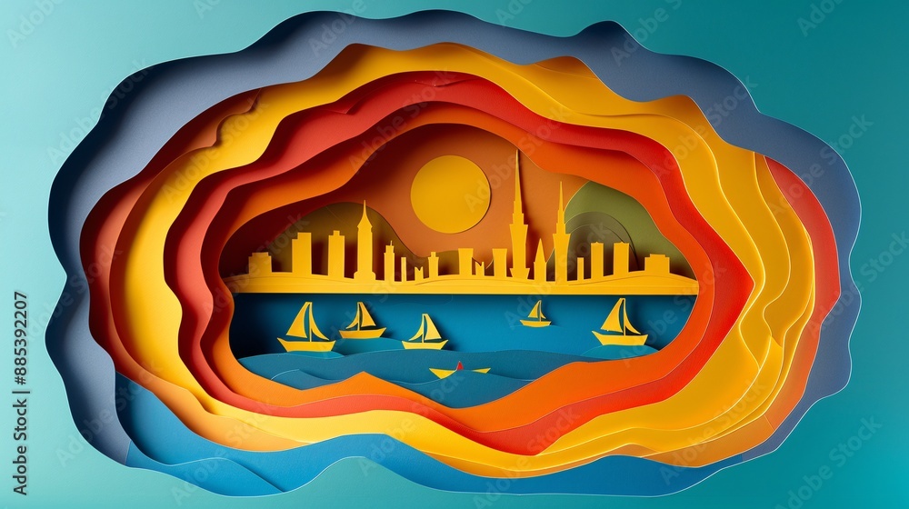 Detailed paper cut art of the Dubai Marina with yachts and high rise buildings capturing the vibrant waterfront life of Dubai Stock Photo with copy space Detailed paper cut art of the Dubai Marina with yachts and high rise buildings capturing the vibrant waterfront life of Dubai Stock Photo with copy space