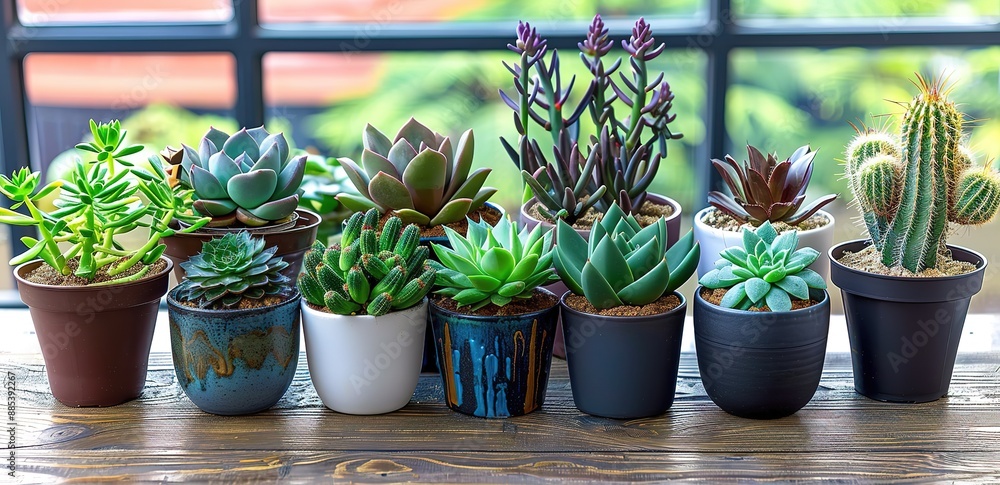 collection of ornamental cactus in a pot on a table indoors collection of ornamental cactus in a pot on a table indoors