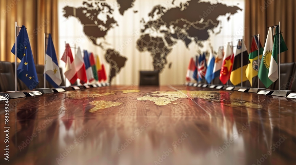 Obraz premium Global Unity Diplomatic Flags on World Map
