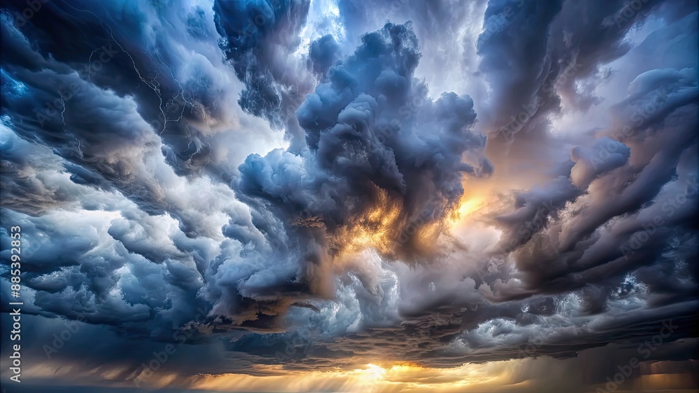 Obraz premium Intense storm clouds in render on background, storm, clouds, moody, dramatic, weather, ominous, atmosphere, stormy