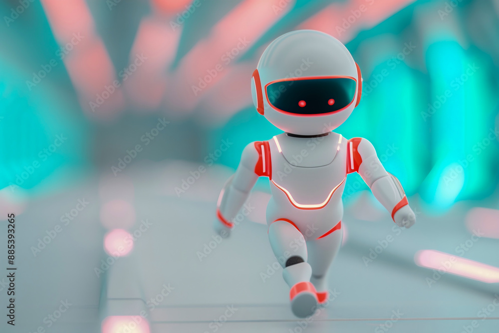 Futuristic Robot Running in Sci-Fi Environment With Neon Lighting, Advanced AI Technology, Conceptual Artwork for Innovation and Technology Trends Futuristic Robot Running in Sci-Fi Environment With Neon Lighting, Advanced AI Technology, Conceptual Artwork for Innovation and Technology Trends