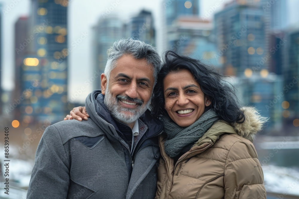 Portrait of a happy indian couple in their 40s wearing a warm parka isolated in modern cityscape background Portrait of a happy indian couple in their 40s wearing a warm parka isolated in modern cityscape background