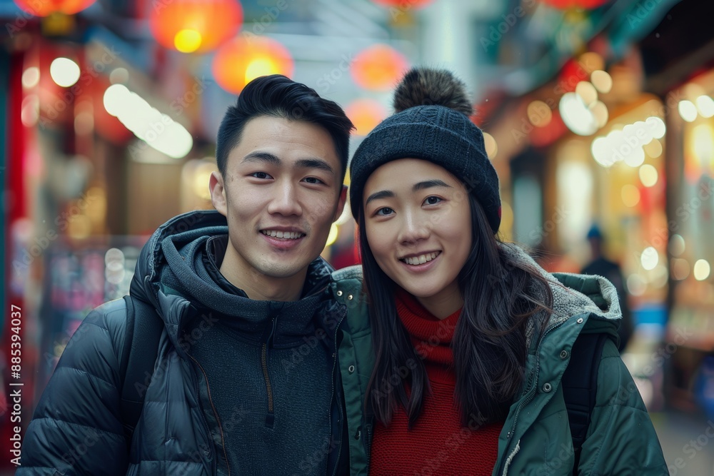 Portrait of a content asian couple in their 20s donning a durable down jacket while standing against vibrant market street background Portrait of a content asian couple in their 20s donning a durable down jacket while standing against vibrant market street background