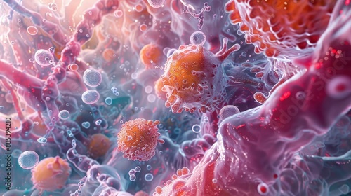 Microscopic view of pathogenic bacteria interacting with human immune cells, illustrating infection and defense mechanisms