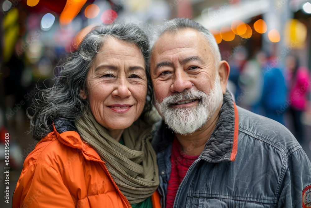 Portrait of a satisfied mixed race couple in their 50s wearing a trendy bomber jacket while standing against vibrant market street background Portrait of a satisfied mixed race couple in their 50s wearing a trendy bomber jacket while standing against vibrant market street background