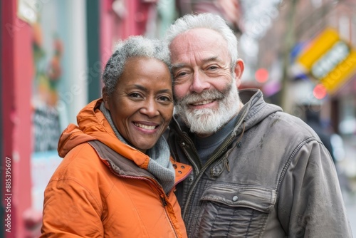 Portrait of a satisfied mixed race couple in their 50s wearing a trendy bomber jacket over vibrant market street background