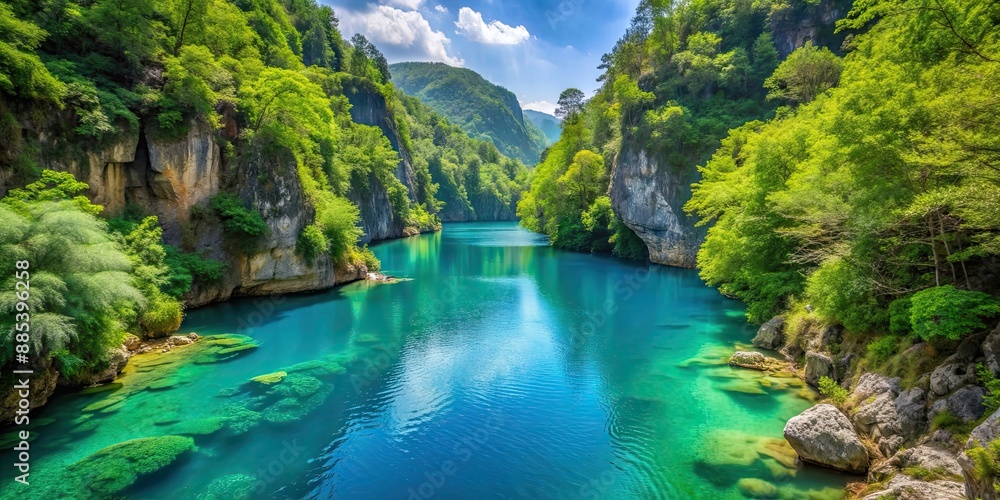 A picturesque gorge with clear blue water surrounded by lush green vegetation, scenic, nature, landscape, canyon, river A picturesque gorge with clear blue water surrounded by lush green vegetation, scenic, nature, landscape, canyon, river