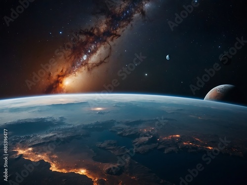 Outer space view featuring Earth, Mars, and the Milky Way galaxy