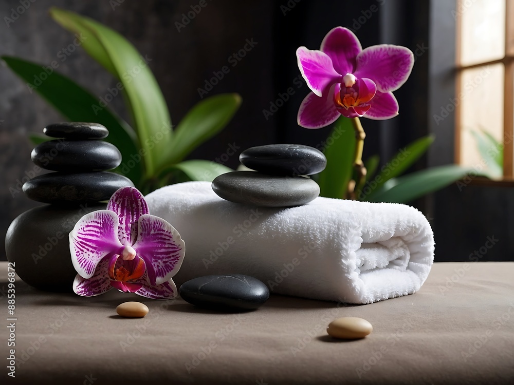 Orchid-decorated spa room with towels and massage stones Orchid-decorated spa room with towels and massage stones