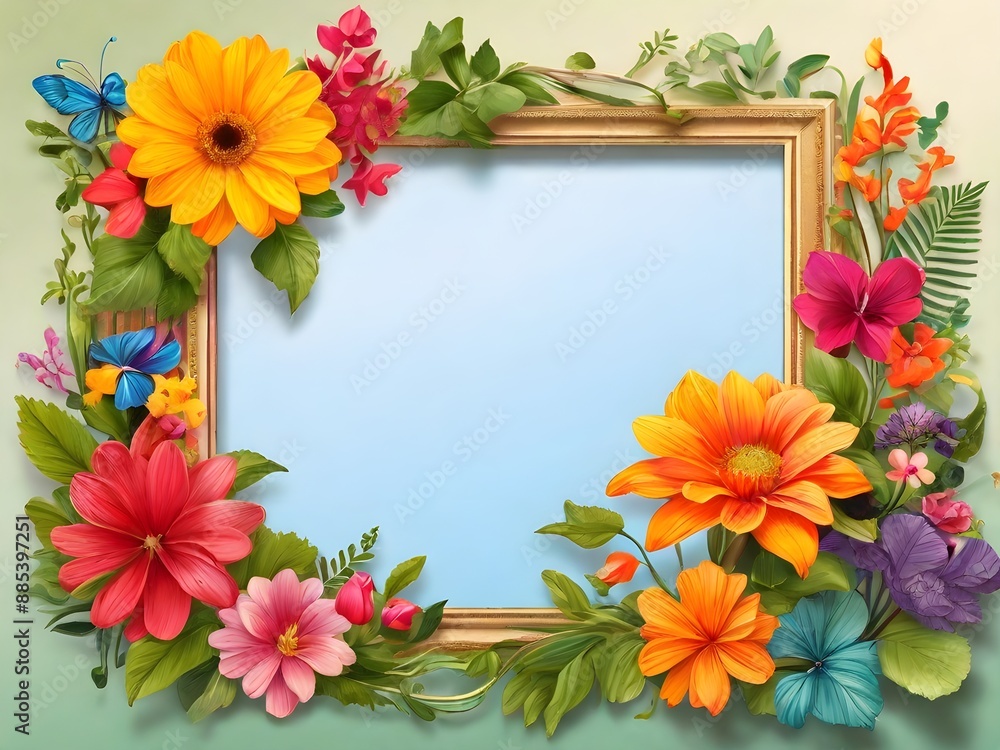 Fototapeta premium Default Picture frame with summer nature elements including