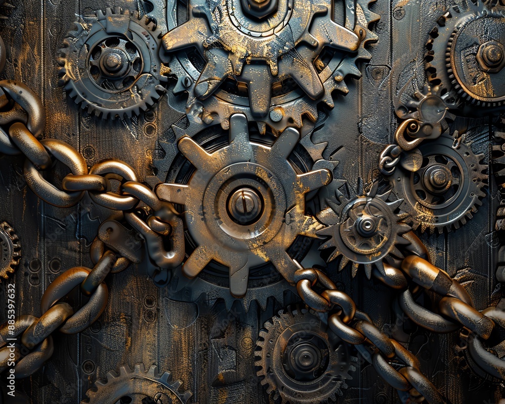 Close-up of interconnected gears and metal chains, emphasizing the intricate mechanical details and industrial theme. Close-up of interconnected gears and metal chains, emphasizing the intricate mechanical details and industrial theme.