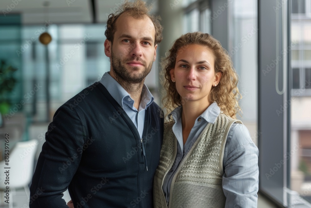 Portrait of a glad couple in their 30s dressed in a breathable mesh vest in sophisticated corporate office background