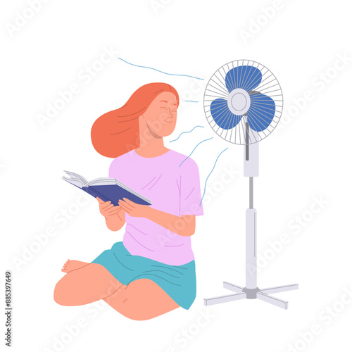 Young relaxed woman cartoon character reading book cooling off with electric propeller fan device