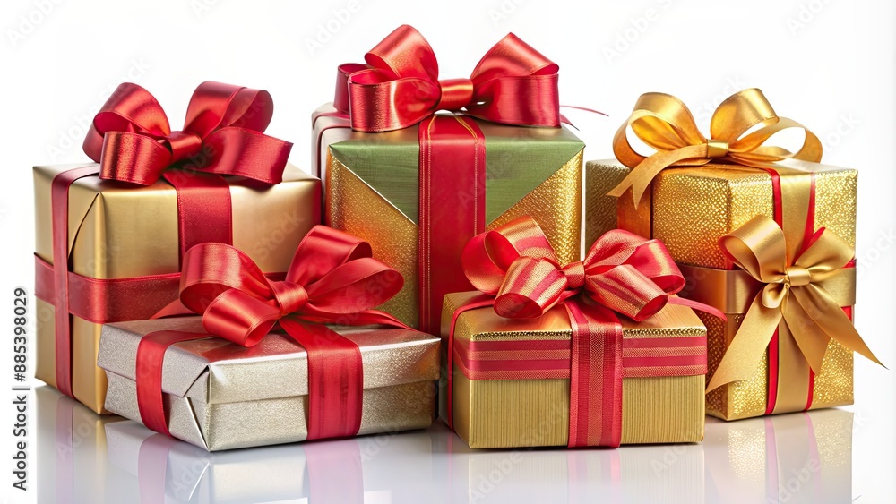 Obraz premium Collection of colorful gift wrapped presents with red and gold ribbon bows isolated on background, Christmas, birthday, valentines