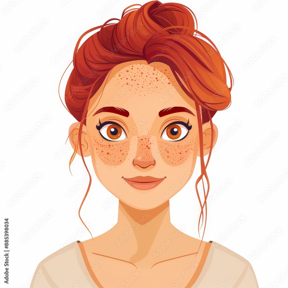 Close-up of a freckled girl, happy face, flat design, Close-up of a freckled girl, happy face, flat design,