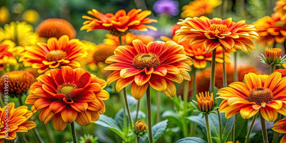 Vibrant orange and yellow flowers creating a beautiful display of color in a garden , vibrant, orange, yellow, flowers, blooms Vibrant orange and yellow flowers creating a beautiful display of color in a garden , vibrant, orange, yellow, flowers, blooms